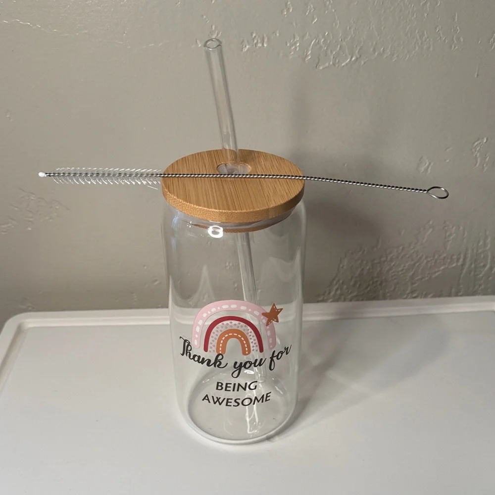 Rainbow Glass Jar with Straw - Thank You Design